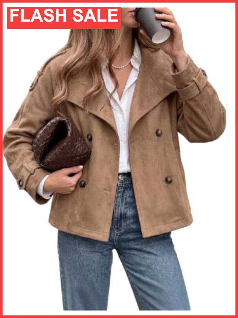 Faux Suede Funnel Neck Trench Coat Cropped Double Breasted Jacket